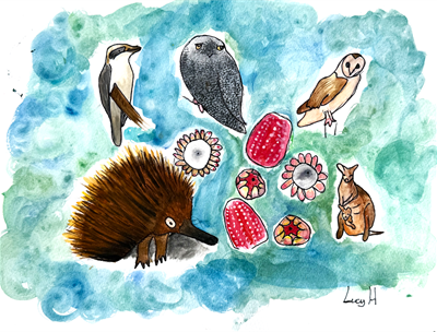 A colourful painting of animals and plants on a blue background
