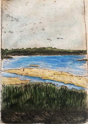 A painting of the Beaufort Lake with green plants in the foreground