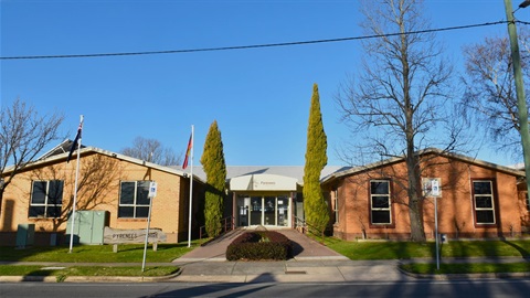 Exterior of the Pyrenees Shire Offices, a central walk way leads to the front doors. 