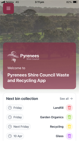Waste app home screen with a list of dates when bins are scheduled for collection