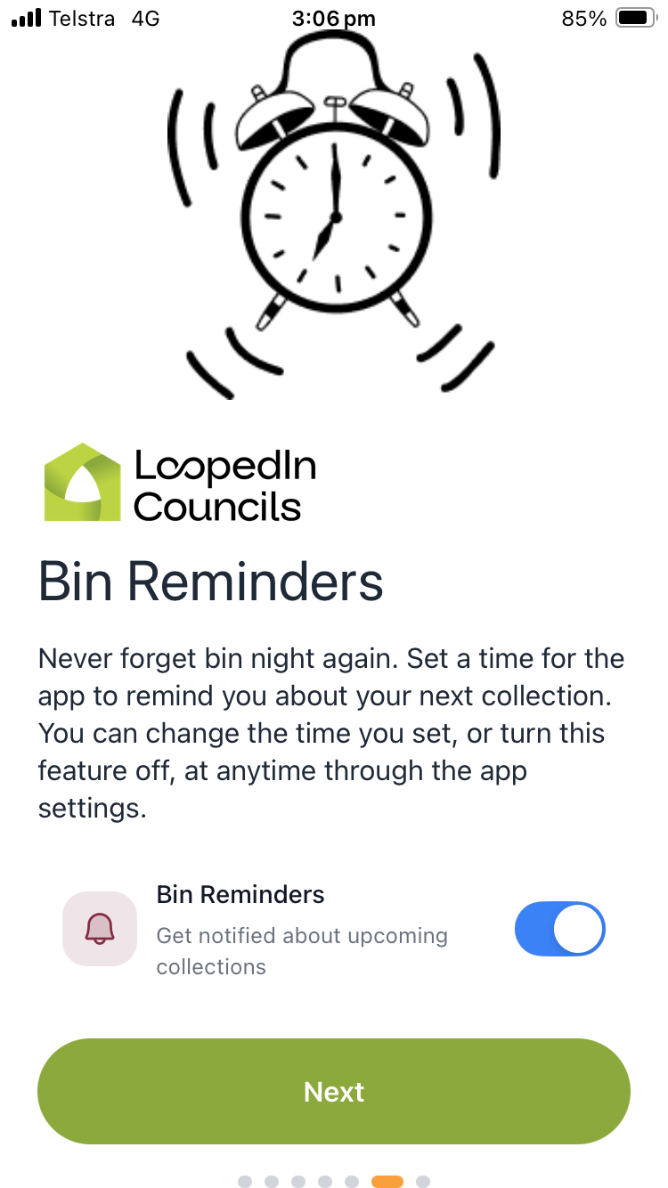 Waste app screenshot 'Bin reminders'