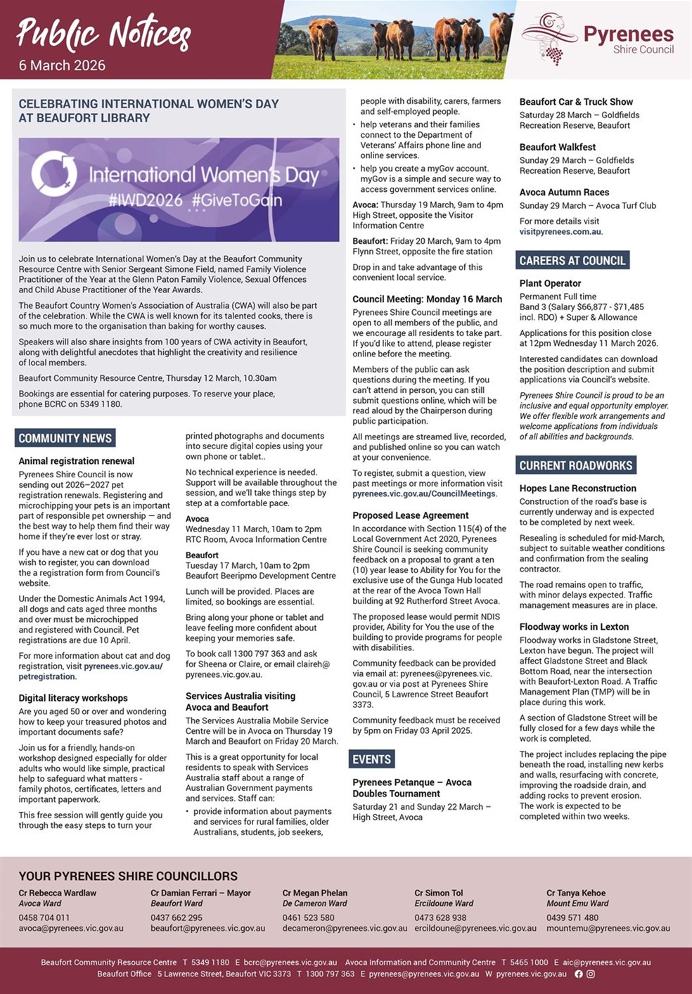 Newspaper-style page displaying public notices and community announcements with an accompanying graphic about International Womens Day