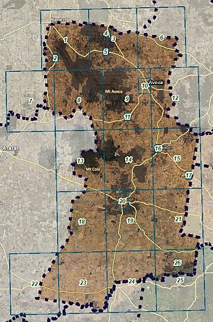 An outline and coloured area of a map which has boxes and numbers indicating different areas.