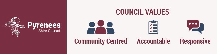 Pyrenees Shire Council Values banner with text reading; Community Centred, Accountable and Responsive