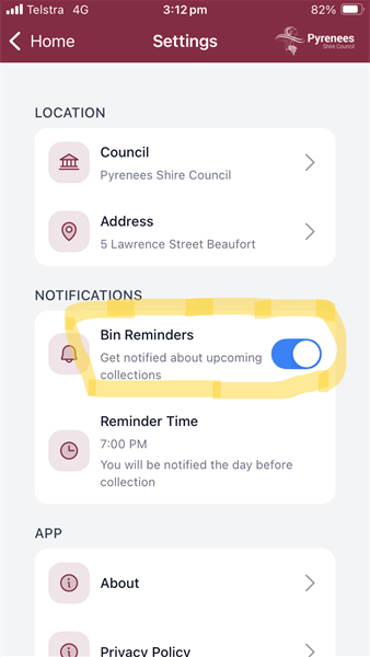 Waste app screen shot of menu items including Settings, Transfer Stations, Information Page, Education, FAQs and Contact Council