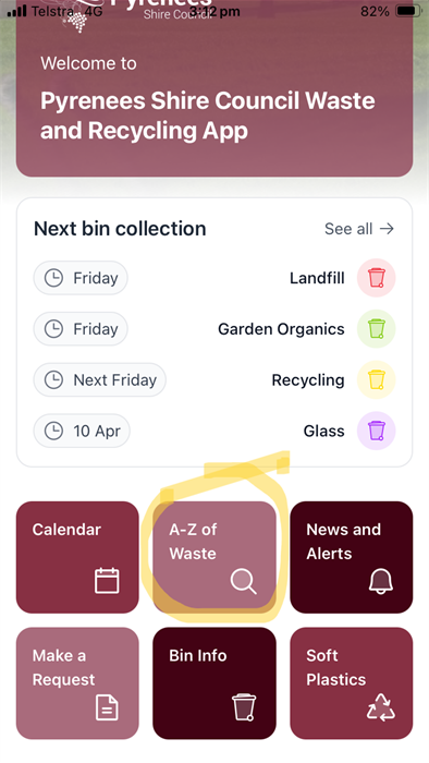 Waste app screenshot of home page with list of bins and scheduled collection dates and tiles with further bin information on each.