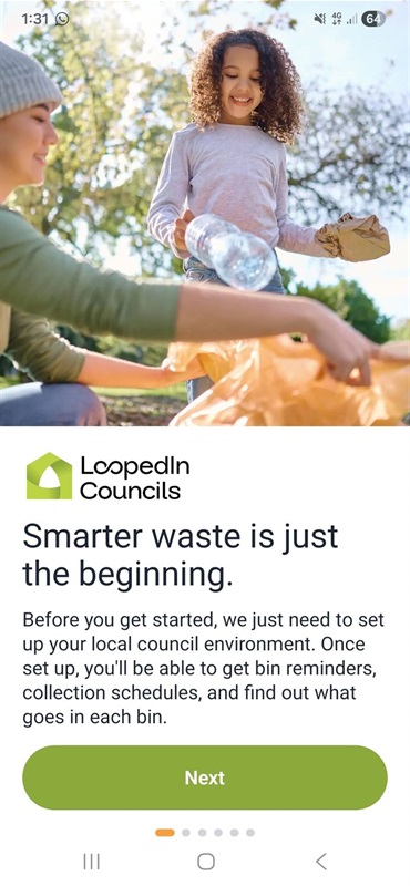 Screen shot of the Loopedin Councils app with an image of a child and a parent putting rubbish in a bag and text below 'Smarter waste is just the beginning/
