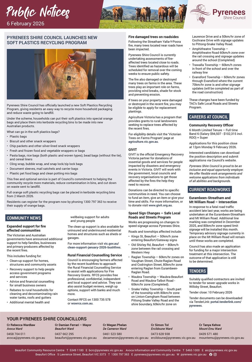 Newspaper style page with text articles and an image of an orange plastic bag being dropped into a bin