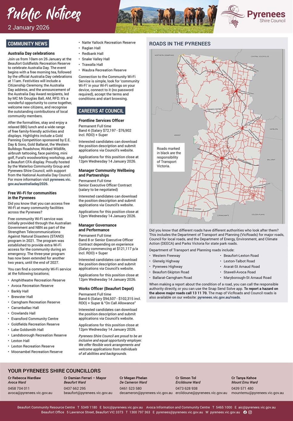 Newspaper style public notices with image of Pyrenees map highlighting roads in red and black